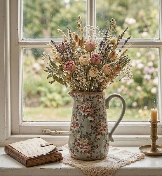 Zelený keramický dekoračný džbán s kvetmi Floria L - 21*15*23 cm - Clayre & Eef