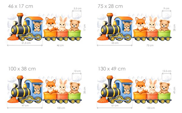 Nalepte.cz Farebný vláčik so zvieratkami textilní prelepiteľná nálepka na stenu arch 46 x 17 cm