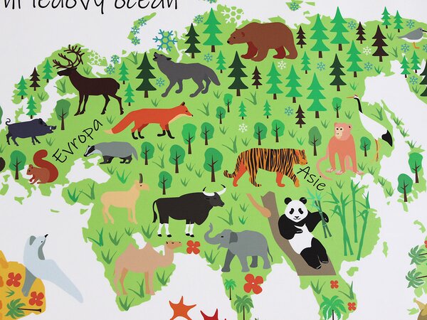 Nalepte.cz Mapa sveta so zvieratkami textilní prelepiteľné nálepky na stenu 75 x 59 cm