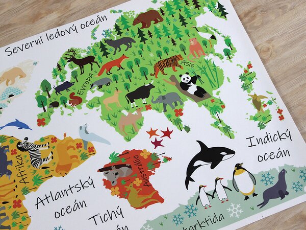 Nalepte.cz Mapa sveta so zvieratkami textilní prelepiteľné nálepky na stenu 75 x 59 cm