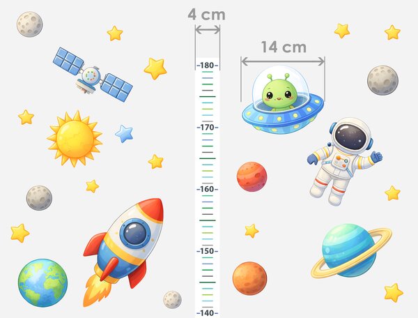 Nalepte.cz Detský meter vesmír textilní prelepiteľná nálepka na stenu výška 160 cm
