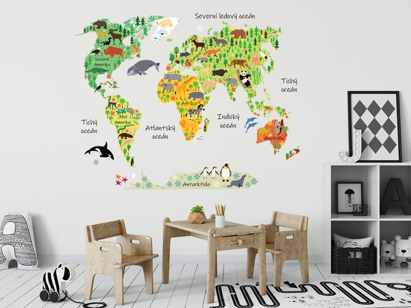 Nalepte.cz Mapa sveta so zvieratkami textilní prelepiteľné nálepky na stenu 75 x 59 cm