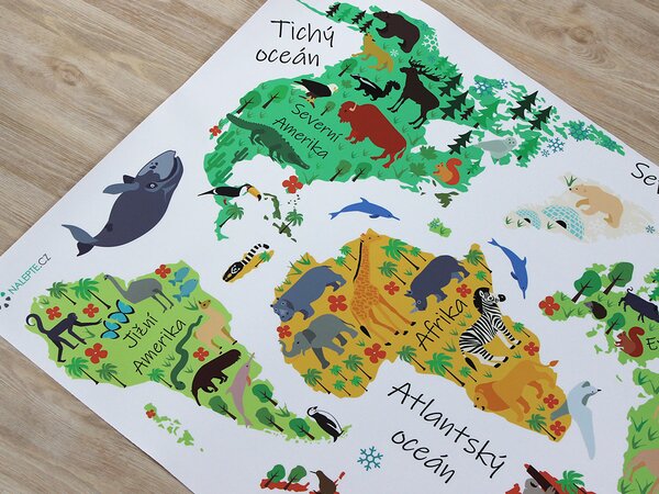 Nalepte.cz Mapa sveta so zvieratkami textilní prelepiteľné nálepky na stenu 75 x 59 cm