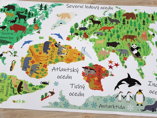Nalepte.cz Mapa sveta so zvieratkami textilní prelepiteľné nálepky na stenu 75 x 59 cm