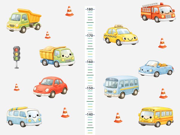 Nalepte.cz Detský meter s motívom autíčok textilní prelepiteľná nálepka na stenu výška 160 cm