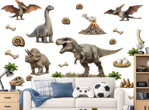 Nalepte.cz Realistické dinosaury textilní prelepiteľné nálepky na stenu arch 46 x 35 cm