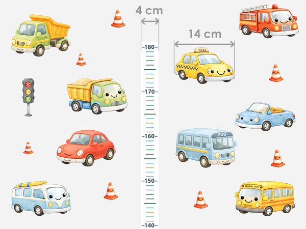 Nalepte.cz Detský meter s motívom autíčok textilní prelepiteľná nálepka na stenu výška 160 cm