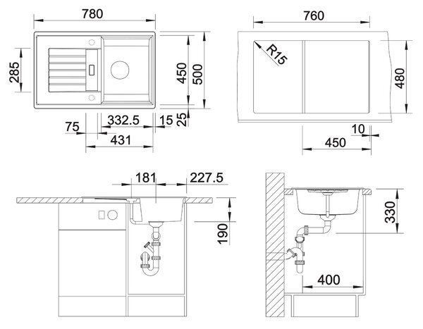 Blanco Zia 45 S, silgranitový drez 780x500x190 mm, 1-komorový, biela, BLA-514726