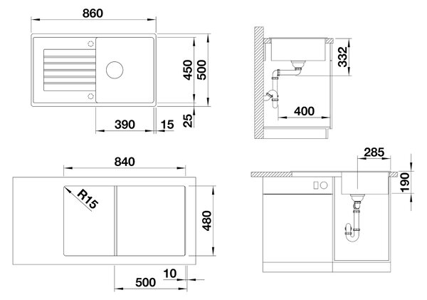 Blanco Zia 5 S, silgranitový drez 860x500x190 mm, 1-komorový, biela jemná, BLA-527204