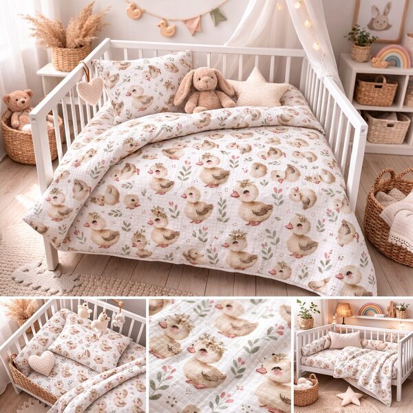 Mušelínové obliečky Kačičky TiaHome - Detský set 130x90cm + 65x45cm
