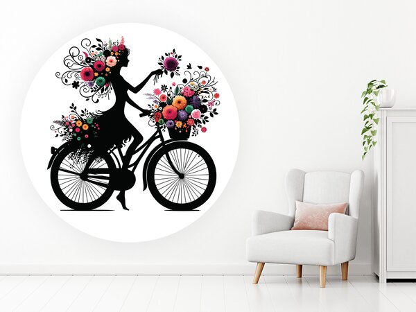 Nalepte.cz Kvetinové dievča na bicykli textilní prelepiteľné nálepky na stenu arch 20 x 20 cm