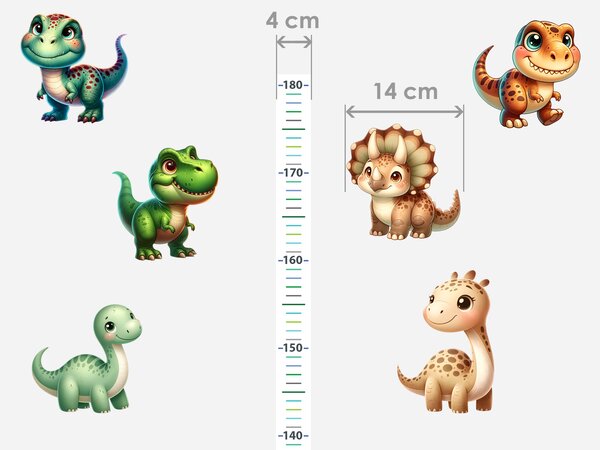 Nalepte.cz Detský meter s motívom dinosaurov textilní prelepiteľné nálepky na stenu výška 160 cm