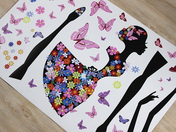 Nalepte.cz Tancujúce kvetinové dievča textilní prelepiteľné nálepky na stenu arch 70 x 48 cm