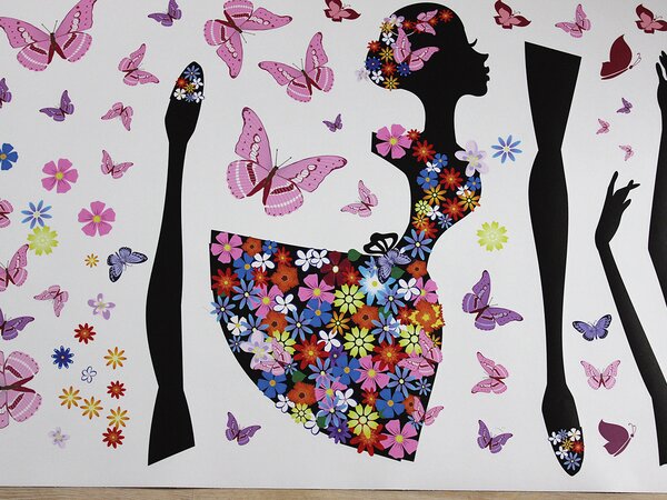 Nalepte.cz Tancujúce kvetinové dievča textilní prelepiteľné nálepky na stenu arch 70 x 48 cm