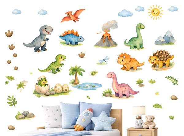 Nalepte.cz Kreslenie dinosaury textilní prelepiteľné nálepky na stenu arch 32 x 46 cm