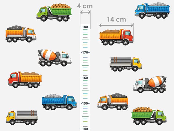Nalepte.cz Detský meter s nákladnými autami textilní prelepiteľná nálepka na stenu výška 160 cm