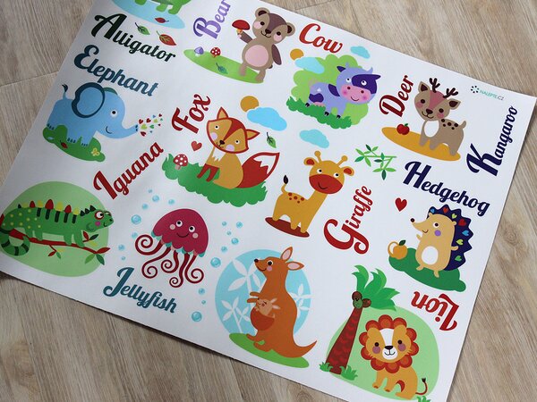 Nalepte.cz Zvieratká anglické názvy textilní prelepiteľné nálepky na stenu arch 45 x 35 cm