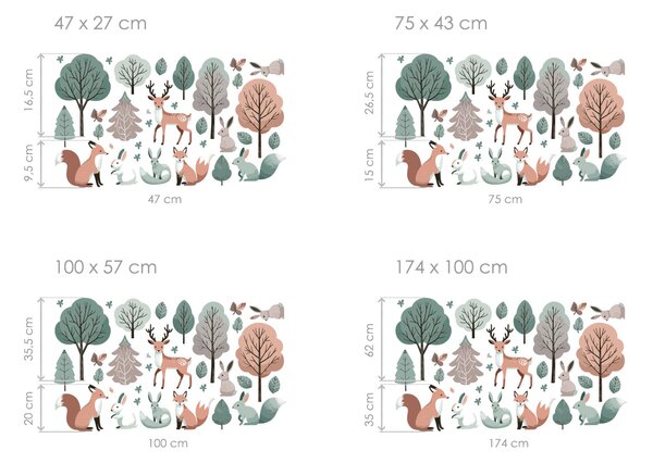 Nalepte.cz Zvieratká a farebné stromy textilní prelepiteľné nálepky na stenu arch 47 x 27 cm