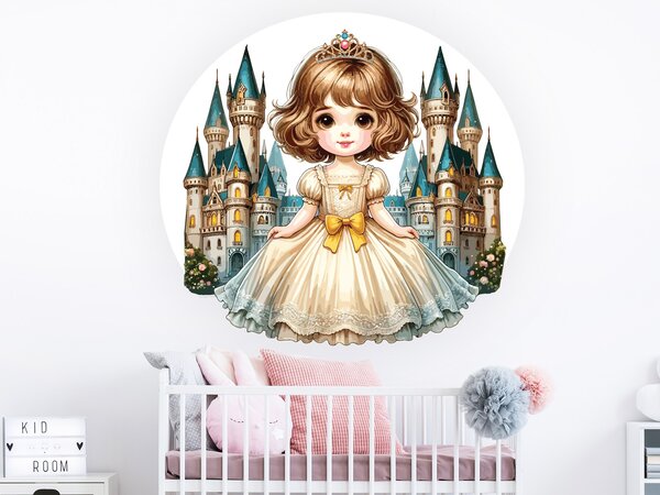 Nalepte.cz Princezná a zámok textilní prelepiteľná nálepka na stenu arch 20 x 18 cm