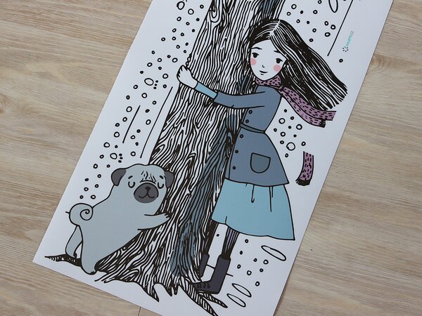 Nalepte.cz Dievča a mops textilní prelepiteľná nálepka na stenu arch 23 x 46 cm