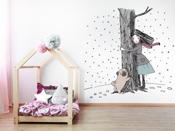 Nalepte.cz Dievča a mops textilní prelepiteľná nálepka na stenu arch 23 x 46 cm