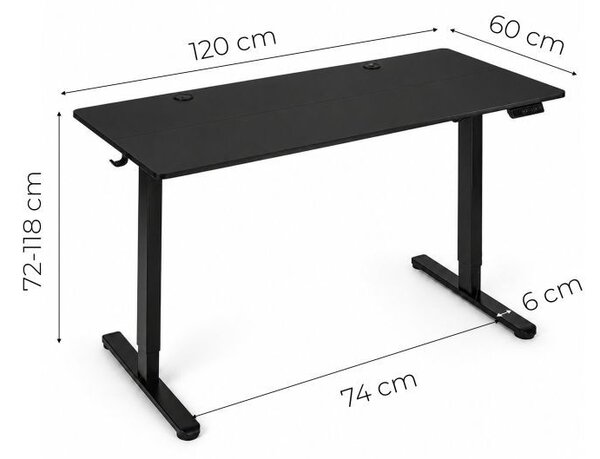 Elektrický písací stôl 120x60 cm, výškovo nastaviteľný, 72-118 cm, čierny