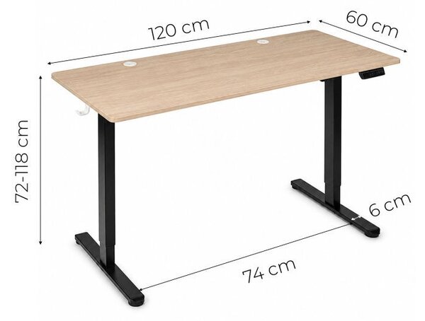 Elektrický písací stôl 120x60 cm, zdvíhateľný, výškovo nastaviteľná 72-118 cm, svetlý dub