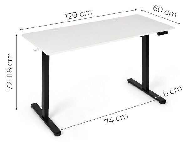 Elektrický písací stôl 120x60 cm, výškovo nastaviteľná 72-118 cm biela doska