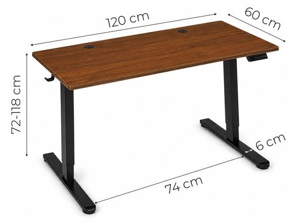 Elektrický písací stôl 120x60 cm, zdvíhateľný, výškovo nastaviteľná 72-118 cm, tmavý dub