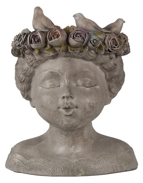 Šedý antik kvetináč hlava ženy s ružami a vtáčikmi - 22*20*26 cm - Clayre & Eef