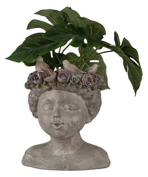 Šedý antik kvetináč hlava ženy s ružami a vtáčikmi - 22*20*26 cm - Clayre & Eef