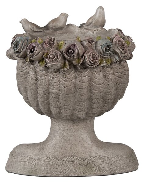 Šedý antik kvetináč hlava ženy s ružami a vtáčikmi - 22*20*26 cm - Clayre & Eef