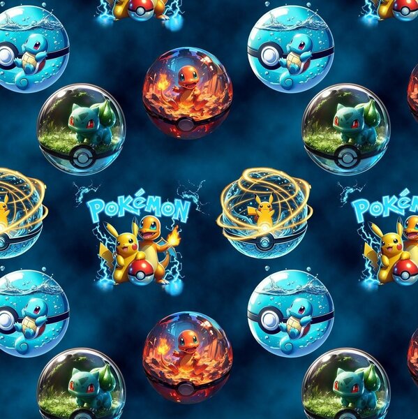 Metráž Softshell digital 280g - Pokémon na modrom