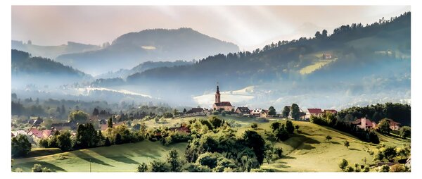 Obraz - dedinka v hmle (120x50 cm)
