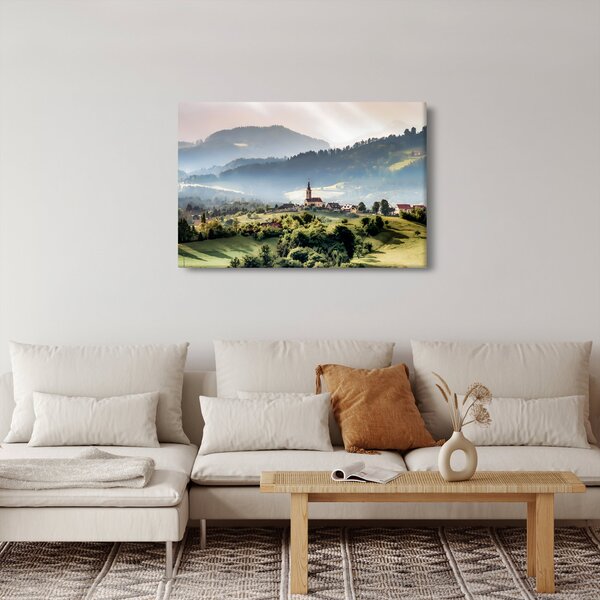 Obraz - dedinka v hmle (90x60 cm)