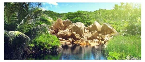 Obraz jazera v Seychelskej džungli (120x50 cm)