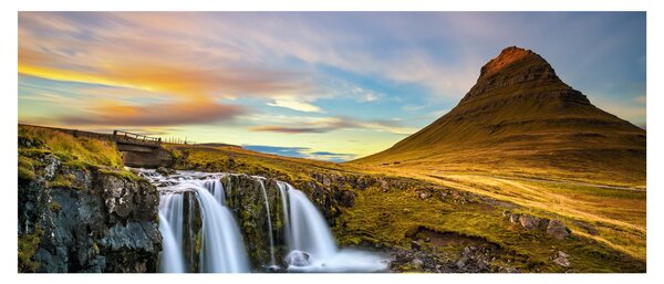 Obraz hory a vodopádov na Islande (120x50 cm)