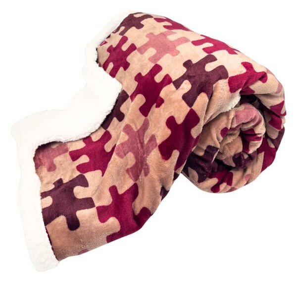 Home Elements Mikroflanelová deka s baránkom, vzor Puzzle, červená a hnedá