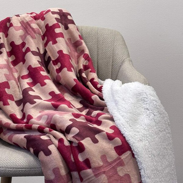 Home Elements Mikroflanelová deka s baránkom, vzor Puzzle, červená a hnedá