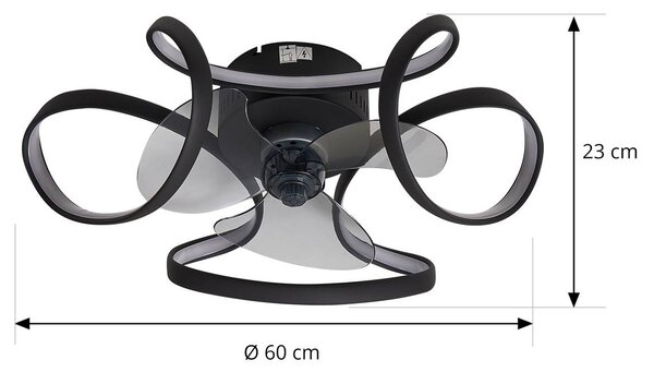 Lindby Stropný ventilátor LED Lomata, čierny, tichý, Ø 23 cm, Čierna, Obývacia izba / jedáleň, Hliník, Moderný