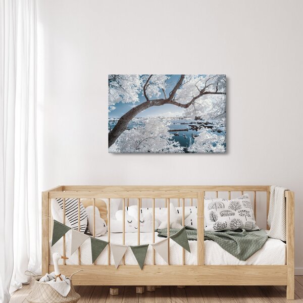 Obraz zasneženého stromu pri vode (90x60 cm)