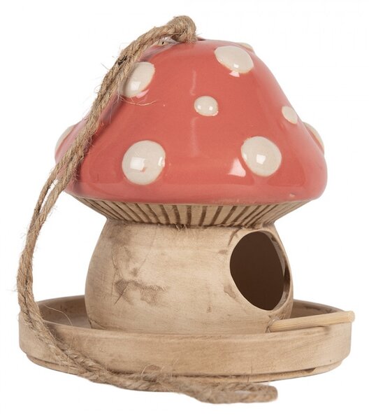 Závesné keramické vtáčie krmítko – Rozprávková muchotrávka - Ø 13*13 cm - Clayre & Eef