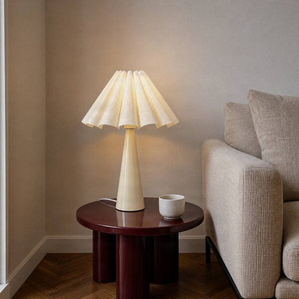 Lindby Stolová lampa Lotte, béžová, 50 cm, kov, textil, E27, Biela / opálová, Obývacia izba / jedáleň, Textil / látka / hodváb, Moderný, Stojacie svietidlo