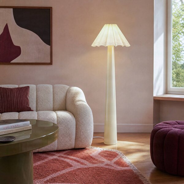 Lindby Stojacia lampa Lotte, 150 cm, béžová, kov, textil, E27, Biela / opálová, Obývacia izba / jedáleň, Textil / látka / hodváb, Moderný, Stojaca lampa