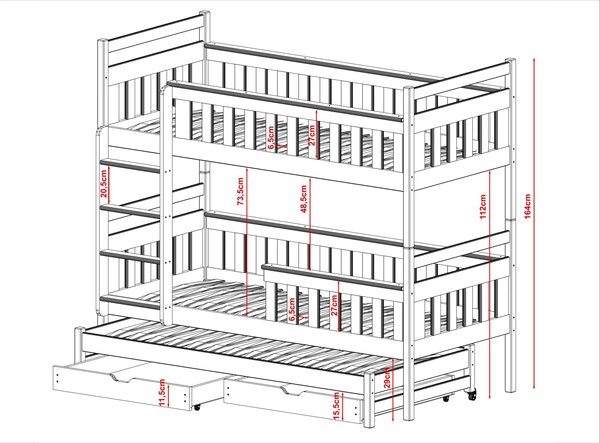 MAXMAX Detská poschodová posteľ z masívu KRISTIÁN s prístelkou a šuplíky - 200x90 cm - BIELA