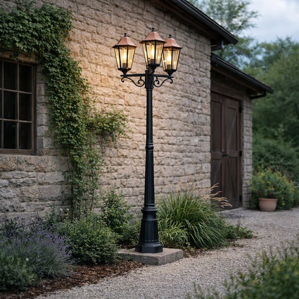 Klasická vonkajšia lampa čierna s meďou 220 cm 3-svetlá IP44 - Havana