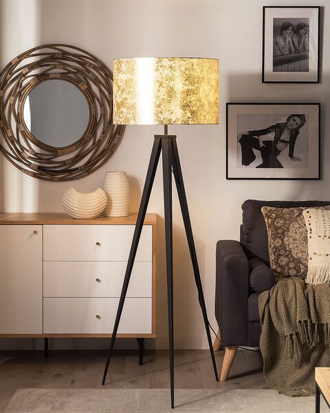 Stojaca lampa zlatá čierna statívový kovový podstavec trojnožka 156 cm látkové tienidlo moderný industriálny štýl obývačka spálňa