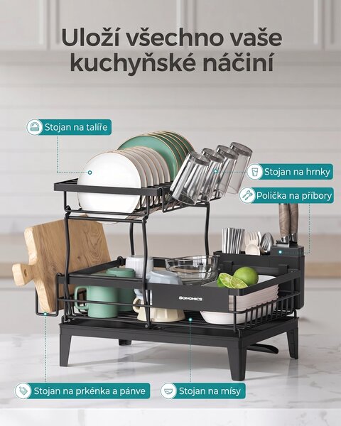 SONGMICS Dvojposchodový odkvapkávač na riad Barny čierny