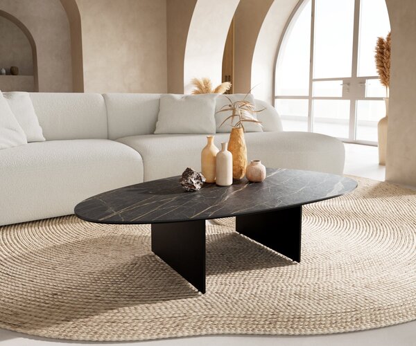 DELIFE Konferenčný stolík Edge oválny 140×75 cm keramika Laminam® Noir Desir hnedá Salto kov čierna