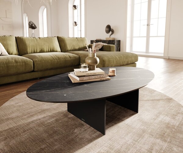 DELIFE Konferenčný stolík Edge oválny 140×80 cm keramika Laminam® Noir Desir hnedá Salto kov čierna